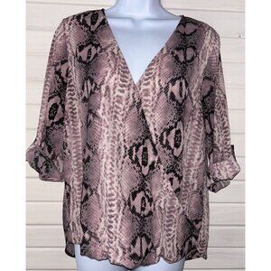 West Kei Sz MEDIUM Alexa Surplice Roll Tab Sleeve Blouse Pink Snake Print EUC